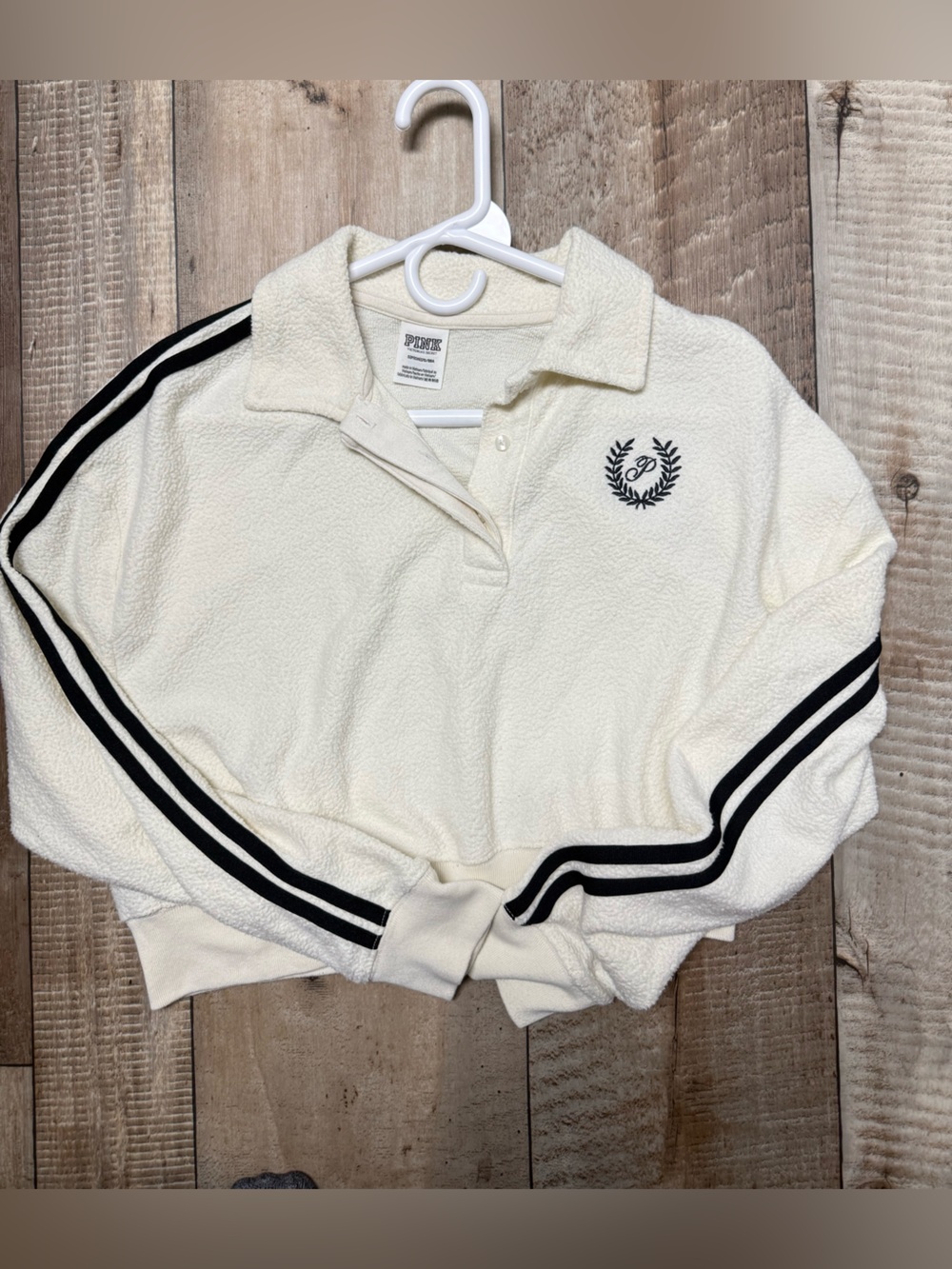 Victoria's Secret Cream Fleece Polo with Black Stripe Trim